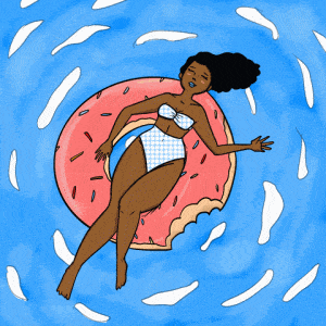 Cartoon Woman Floating on Donut Floatie in Pool