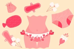 Cartoon of torso with period products surrounding