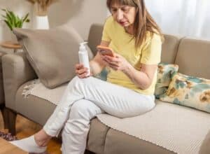 Woman sitting on couch looking at her phone while holding a bottle of cream