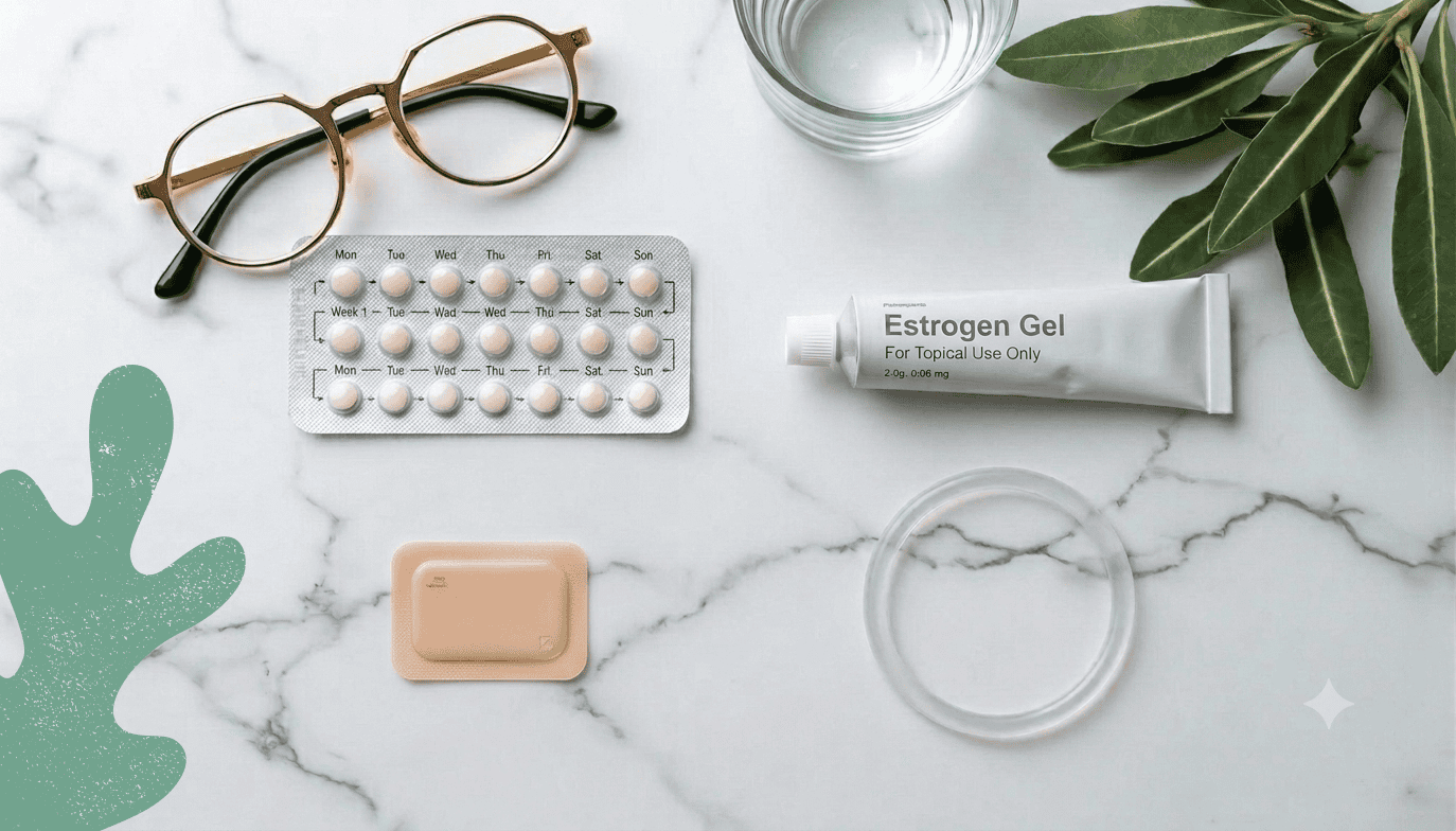 glasses, glass of water, pill pack, a patch, estrogen cream and a estrogen ring over a table